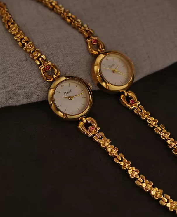 Gold vintage floral rose chain bracelet watch with white round dial and ruby accent for women by Le Belle Heure