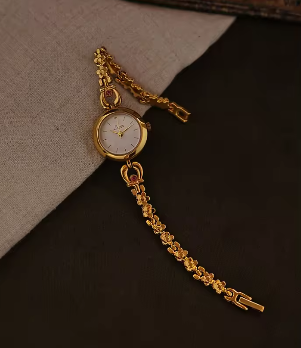 Gold vintage floral rose chain bracelet watch with white round dial and ruby accent for women by Le Belle Heure