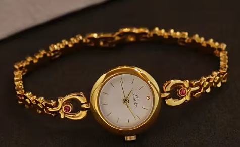 Gold vintage floral rose chain bracelet watch with white round dial and ruby accent for women by Le Belle Heure
