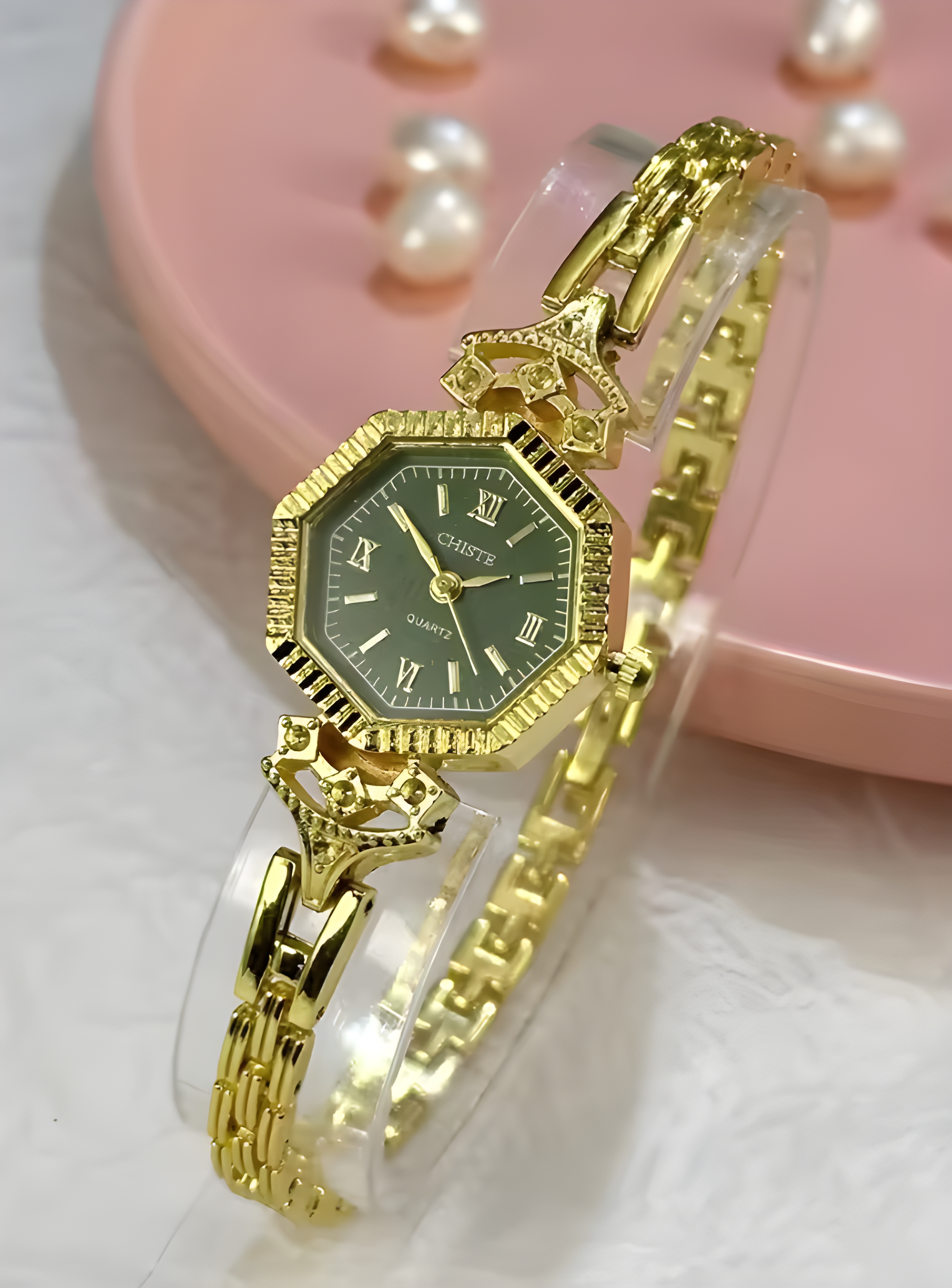 Unique hexagonal (six-sided) cases with a "coin-edge" or fluted bezel that catches the light.