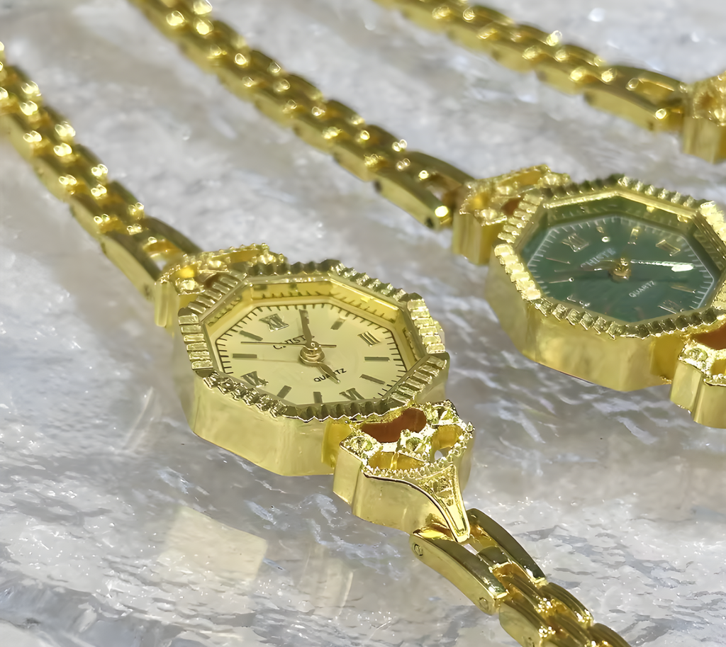 Unique hexagonal (six-sided) cases with a "coin-edge" or fluted bezel that catches the light.
