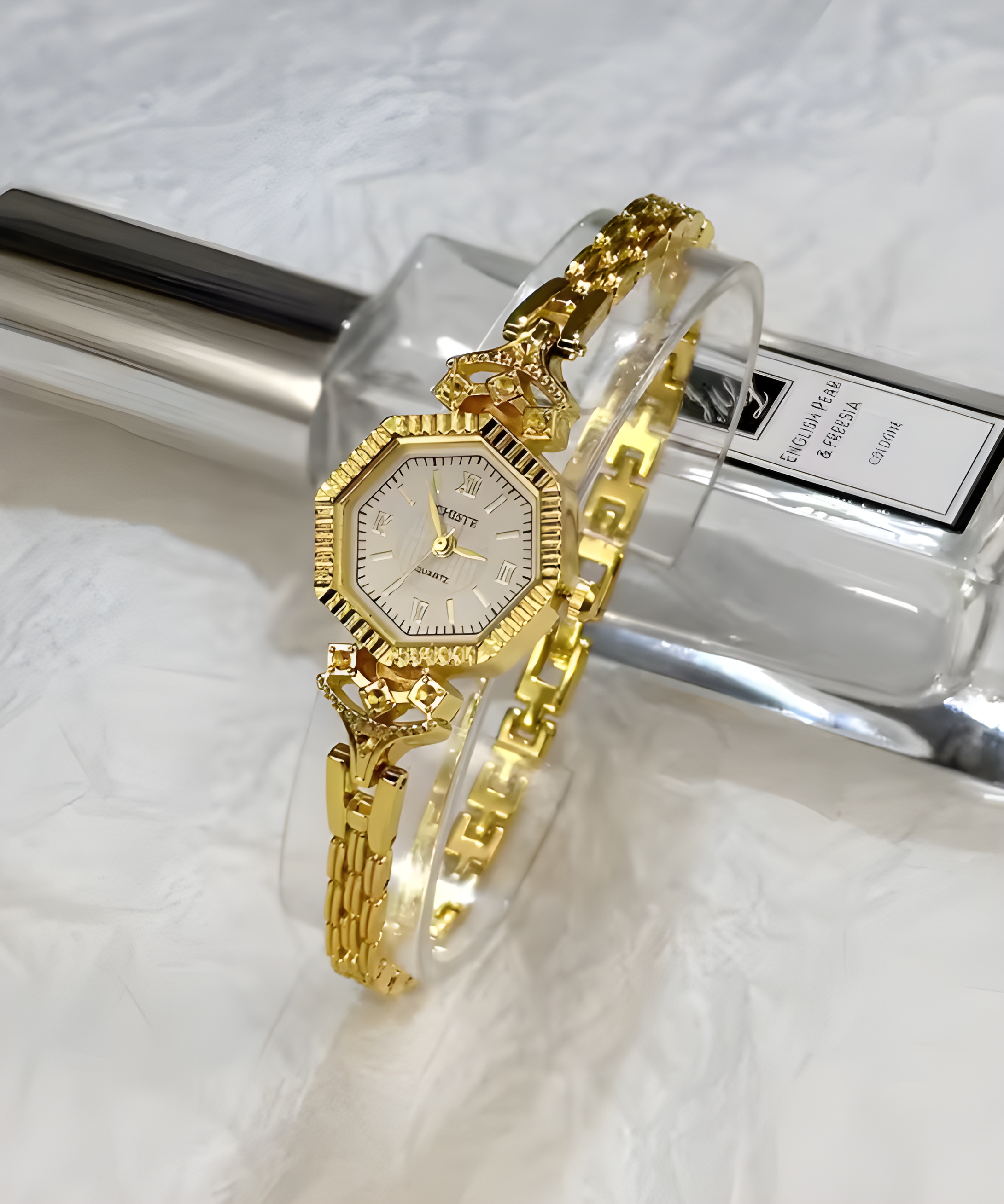 Unique hexagonal (six-sided) cases with a "coin-edge" or fluted bezel that catches the light.