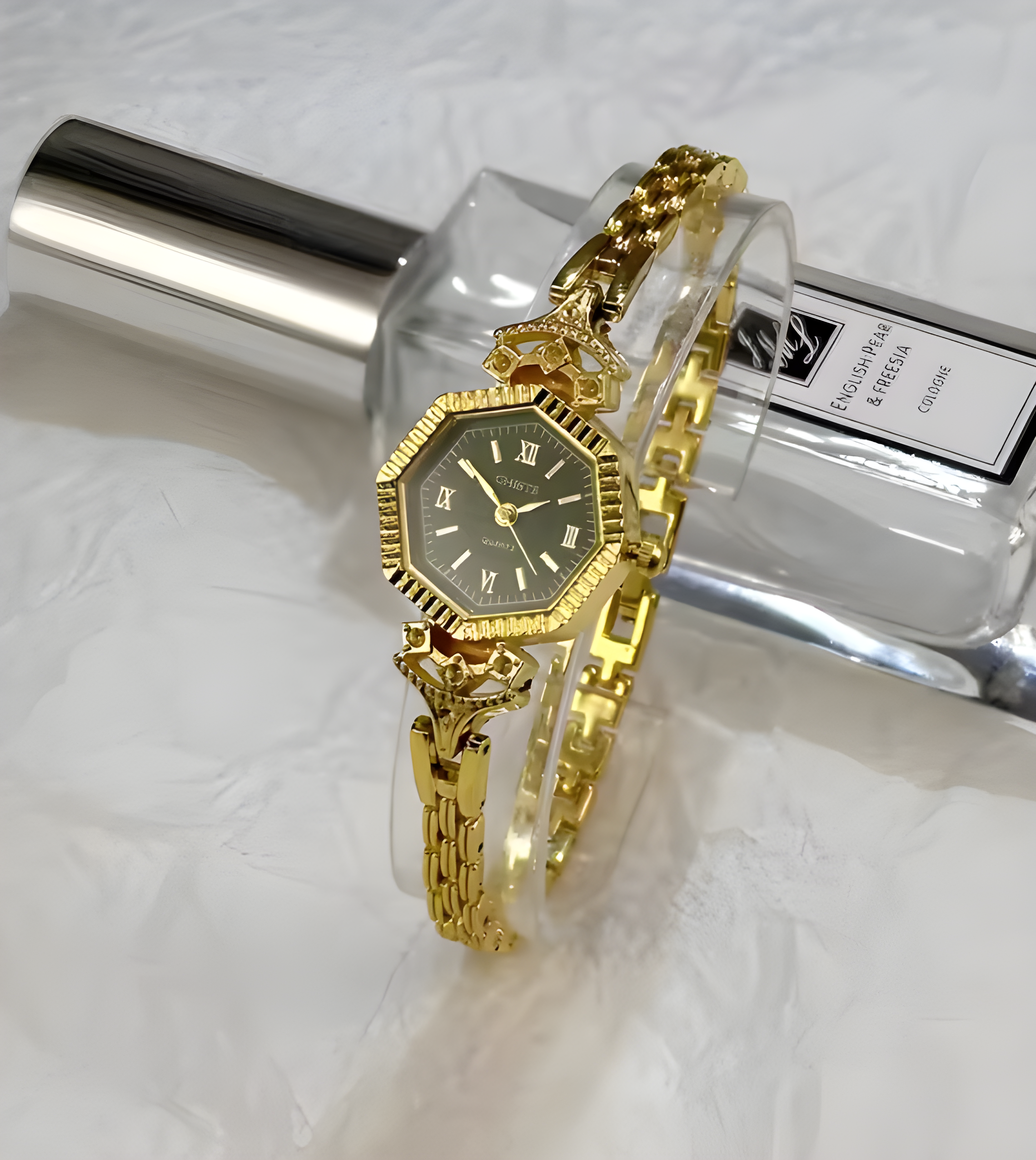 Unique hexagonal (six-sided) cases with a "coin-edge" or fluted bezel that catches the light.