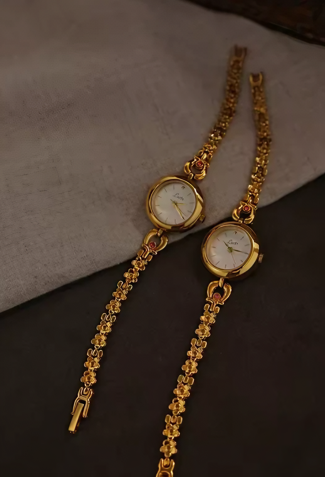 Gold vintage floral rose chain bracelet watch with white round dial and ruby accent for women by Le Belle Heure