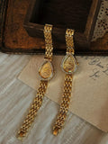 Gold pear-shaped diamond crystal bezel watch with sunburst Roman numeral dial and multi-row panther chain bracelet for women by Le Belle Heure