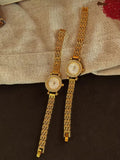Gold rhinestone halo bezel bracelet watch with white dial and
multi-row panther chain band for women by Le Belle Heure
