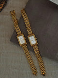 Gold pyramid quilted stud chain wide bracelet watch with white rectangular dial and gold baton hour markers for women by Le Belle Heure