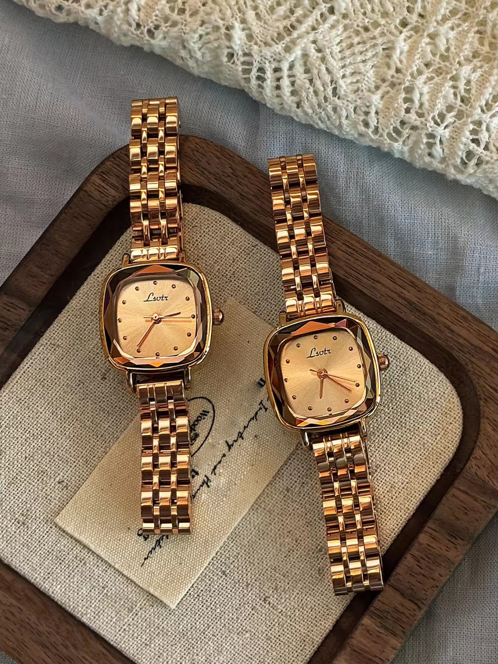 Silver cushion square bevelled case watch with white dot dial and polished five-link president bracelet for women by Le Belle Heure