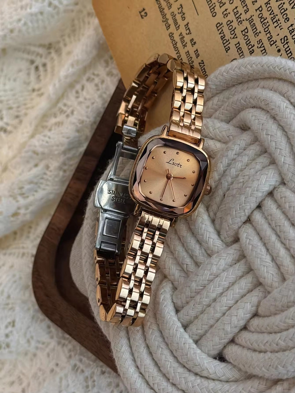 Silver cushion square bevelled case watch with white dot dial and polished five-link president bracelet for women by Le Belle Heure