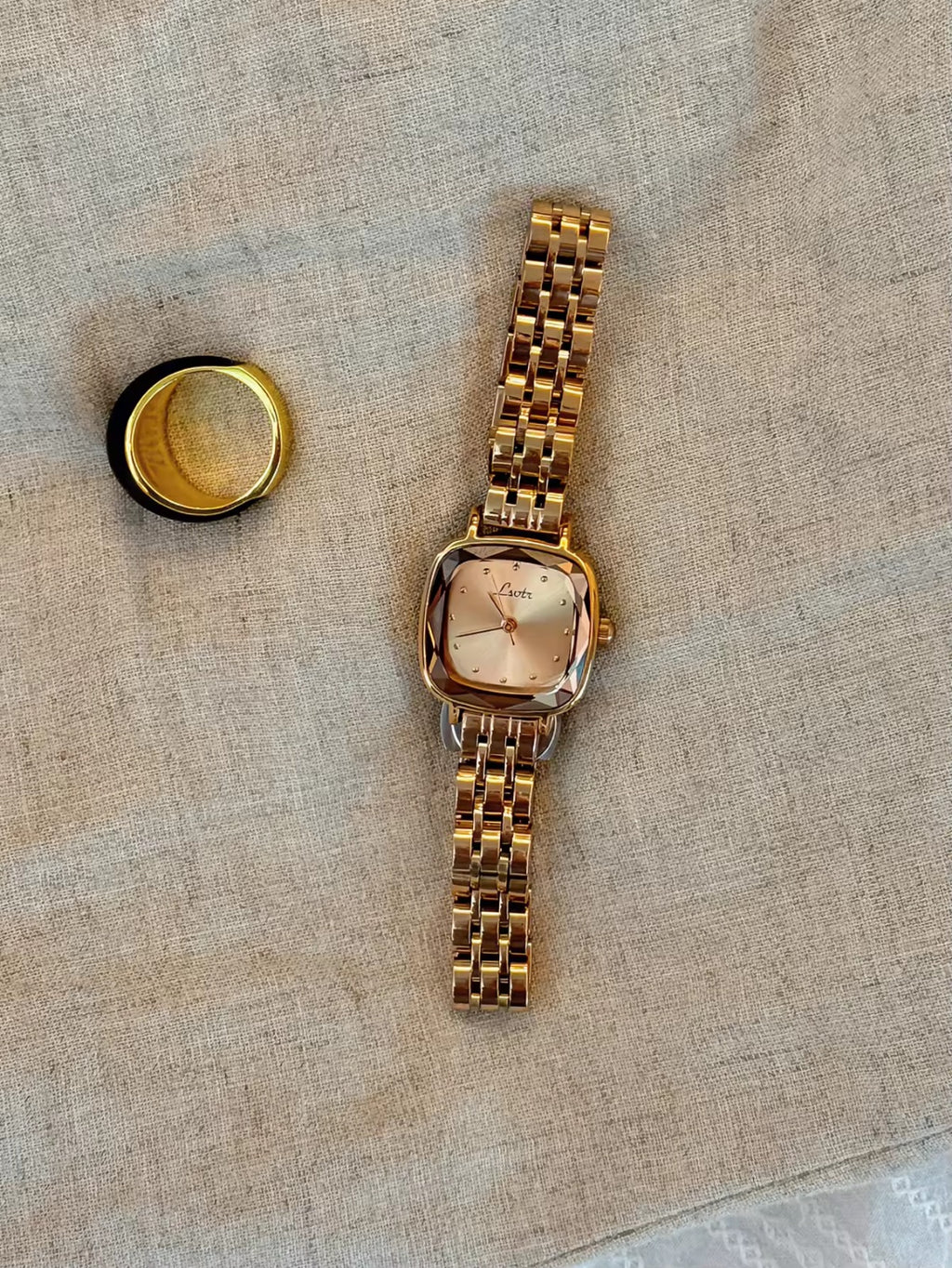 Silver cushion square bevelled case watch with white dot dial and polished five-link president bracelet for women by Le Belle Heure