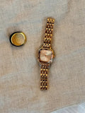 Silver cushion square bevelled case watch with white dot dial and polished five-link president bracelet for women by Le Belle Heure
