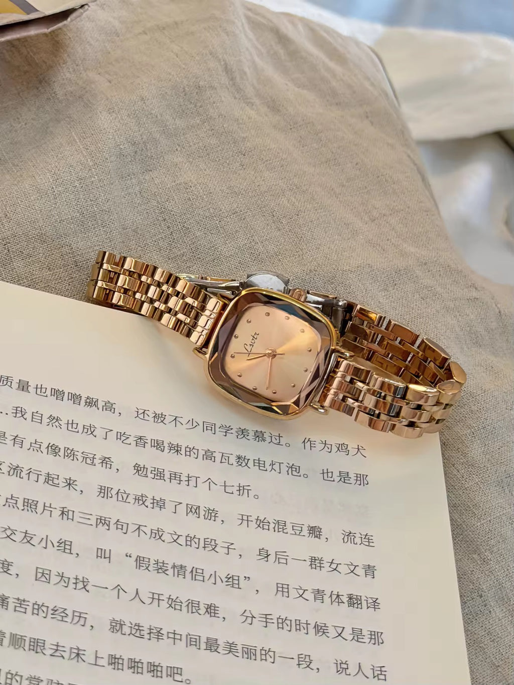 Silver cushion square bevelled case watch with white dot dial and polished five-link president bracelet for women by Le Belle Heure