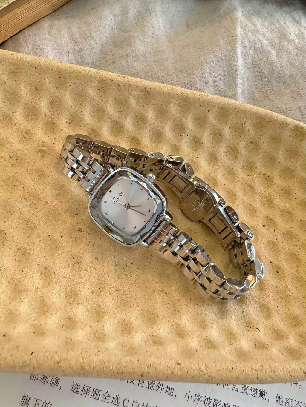 Silver cushion square bevelled case watch with white dot dial and polished five-link president bracelet for women by Le Belle Heure