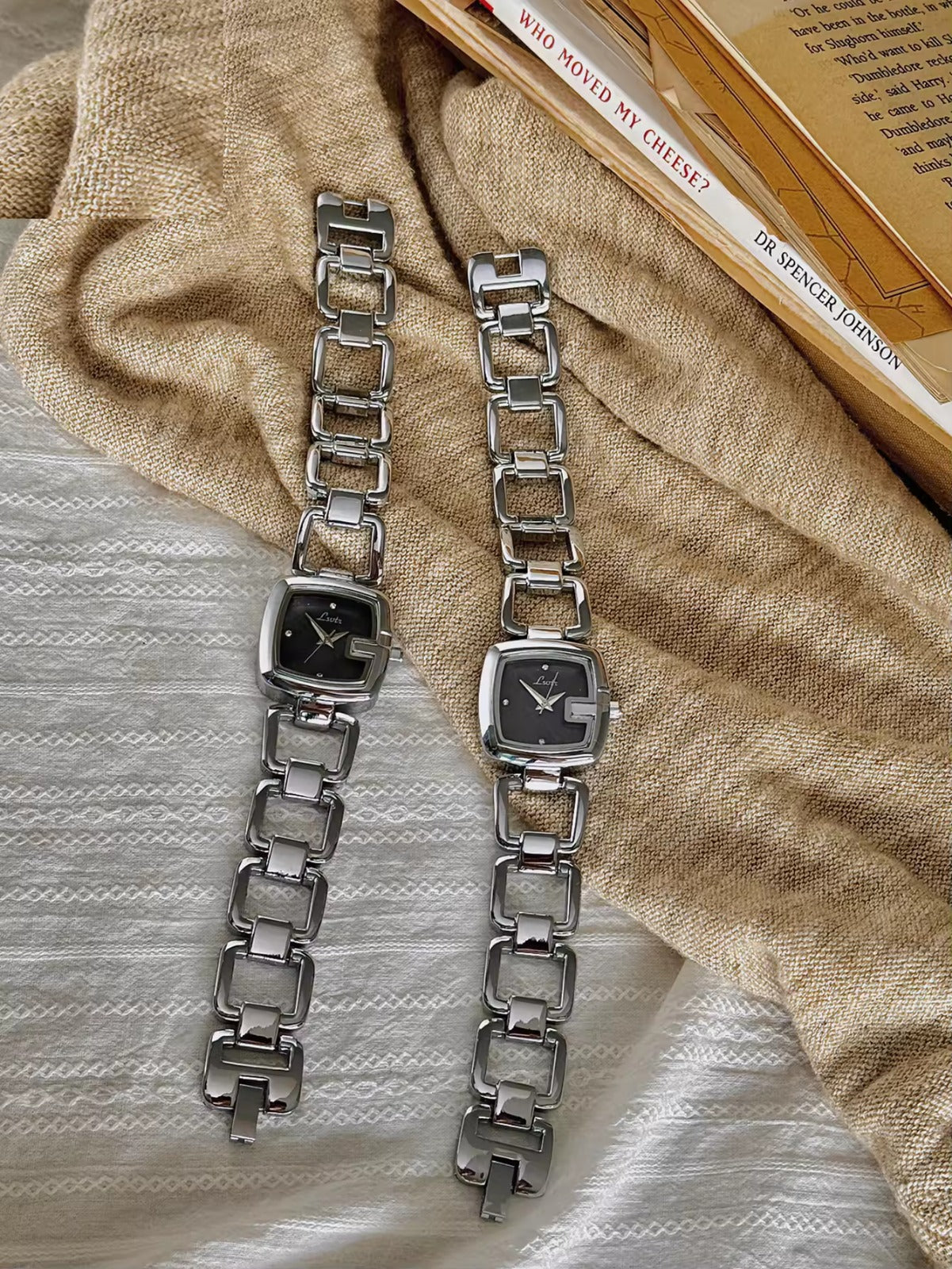 Women’s silver cushion square watch with black mother of pearl dial and open
square-link bracelet — Le Belle Heure